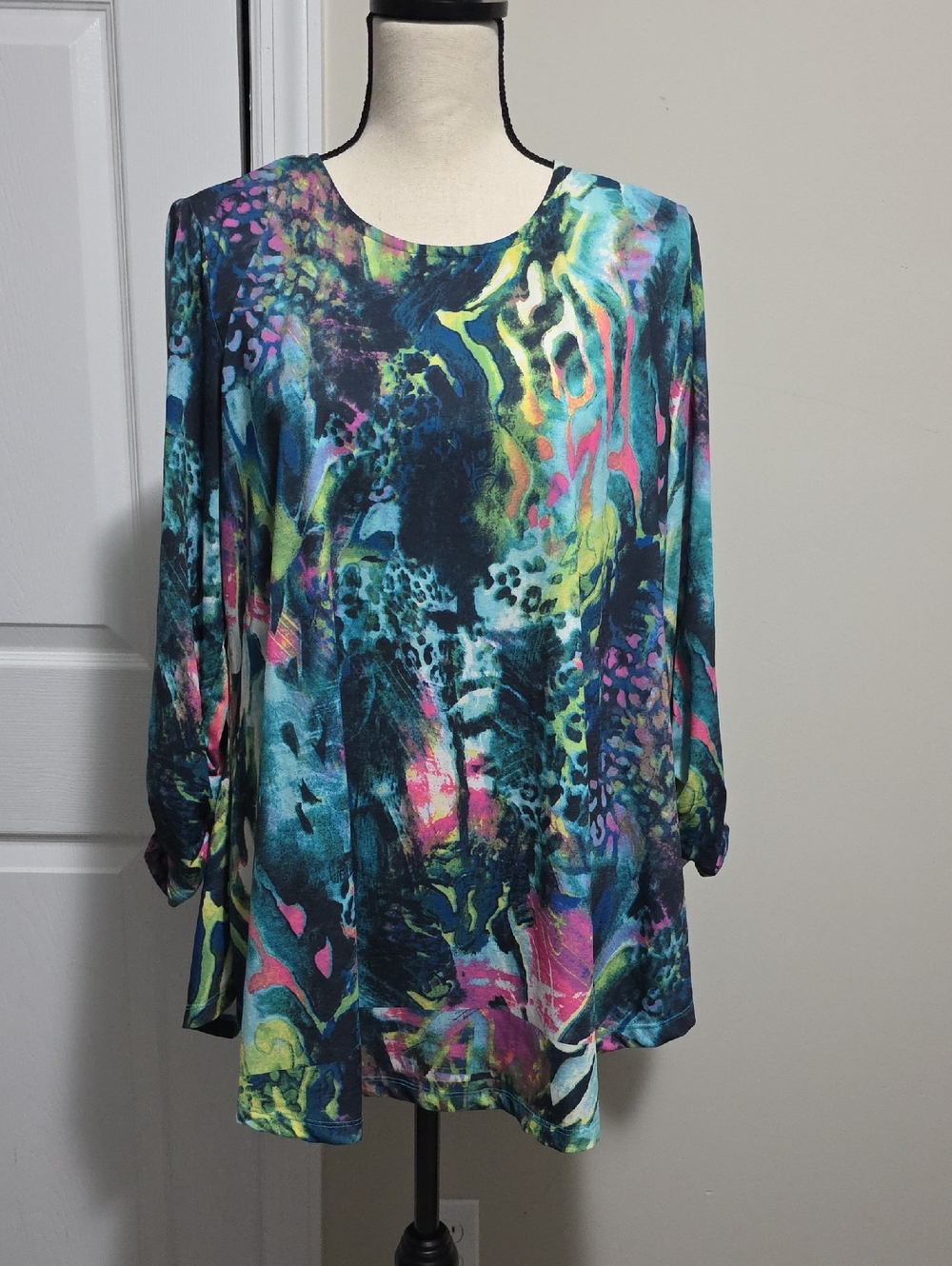Multiples Abstract Colorful Print Long Sleeve Shirt, Top Sz Medium